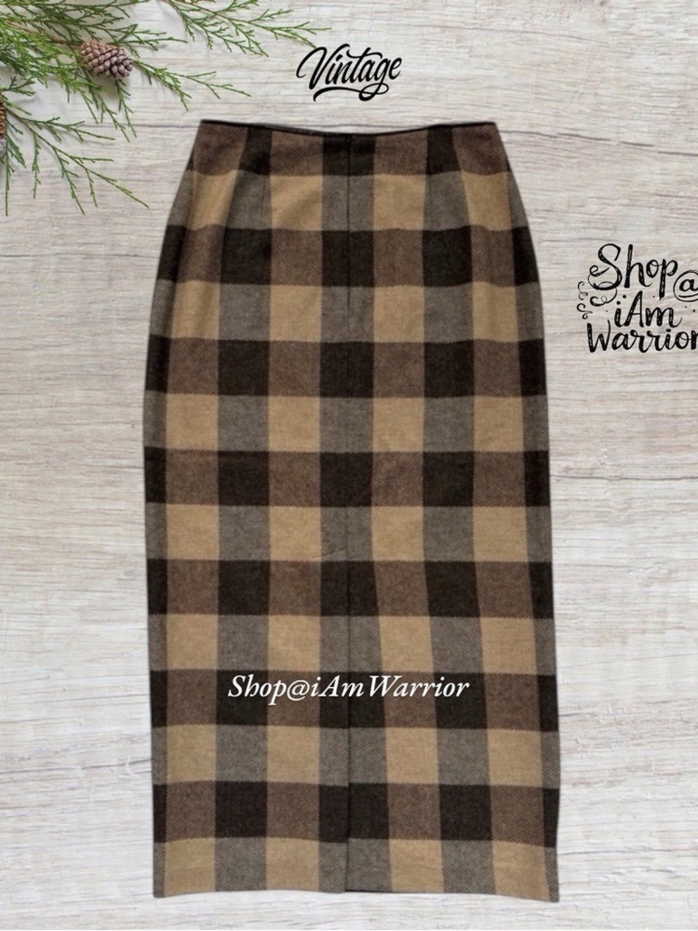 Vintage Wool Herringbone Chocolate Tan Plaid Leather Trim Equestrian Midi Skirt - Picture 4 of 10